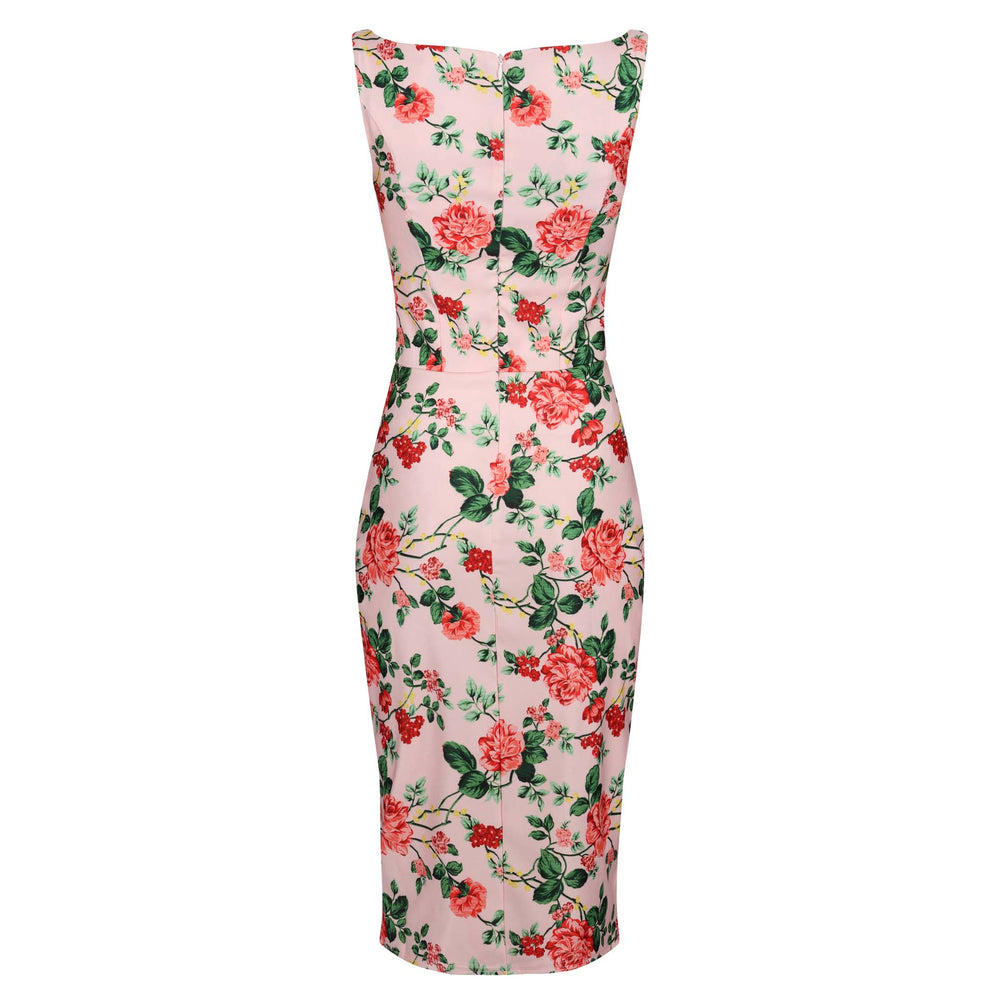 Pink Rose Print Audrey Inspired Wiggle Bodycon Midi Dress