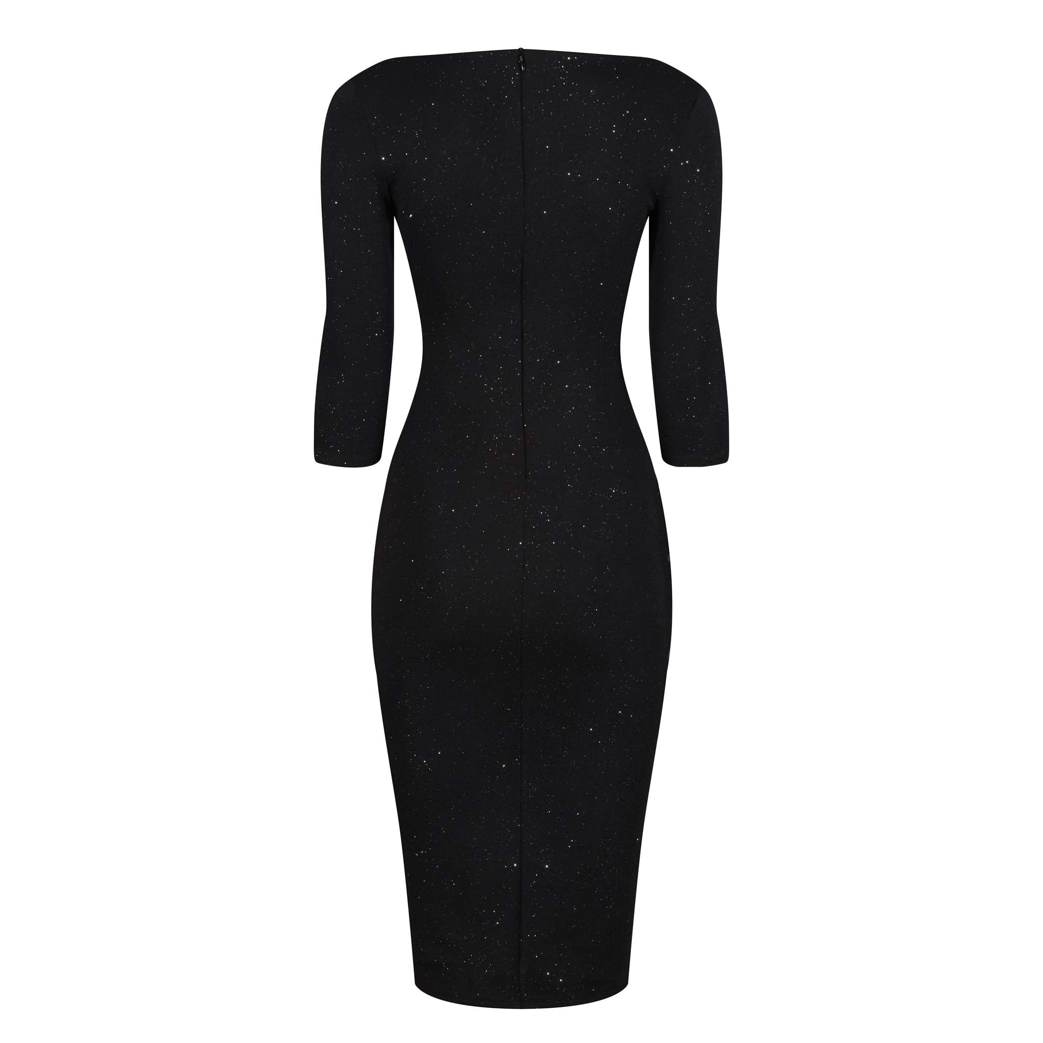 Black Silver Glitter 3/4 Sleeve Bodycon Velour Midi Party Dress