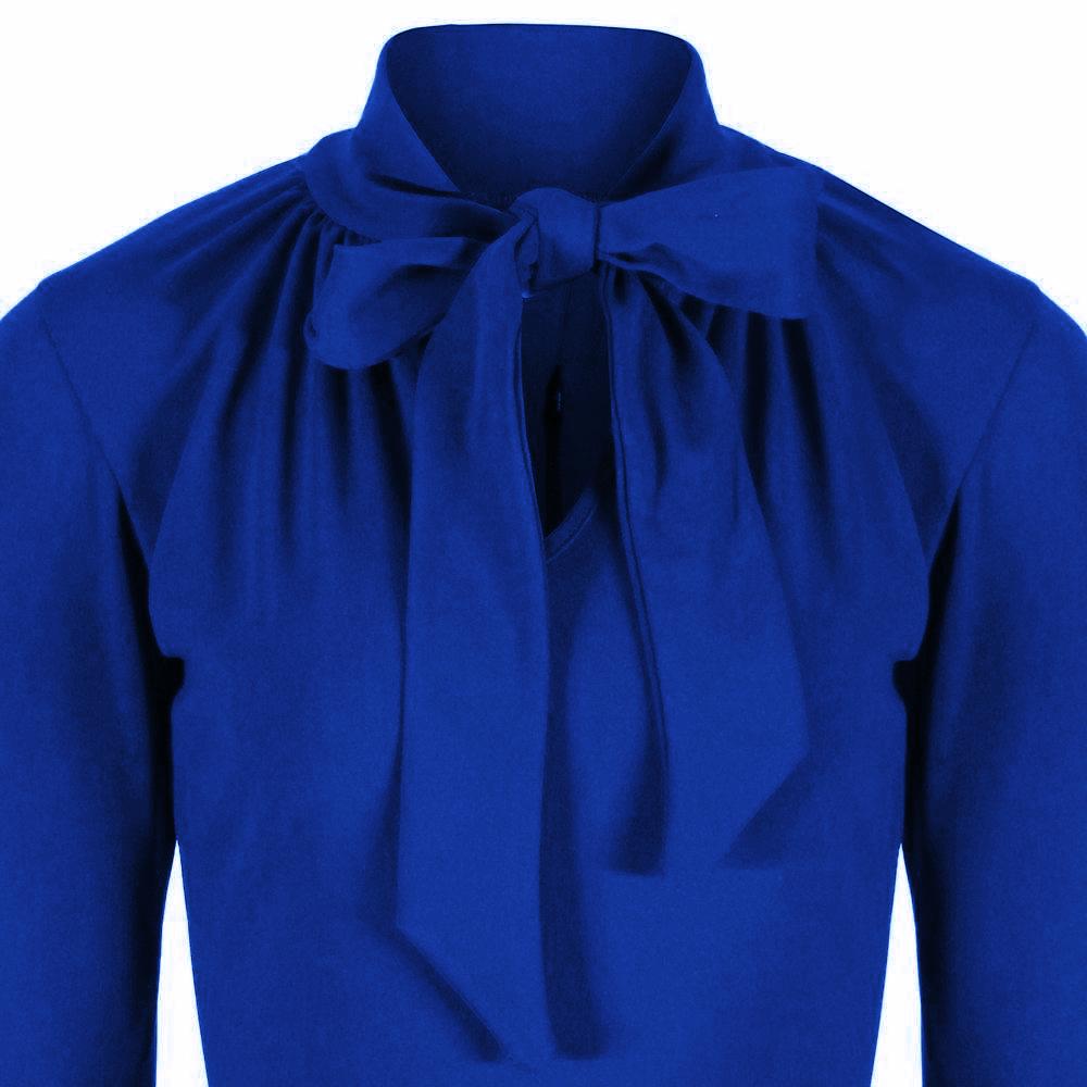 Royal Blue 3/4 Sleeve Tie Neck Bodycon Pencil Dress - Pretty Kitty Fashion