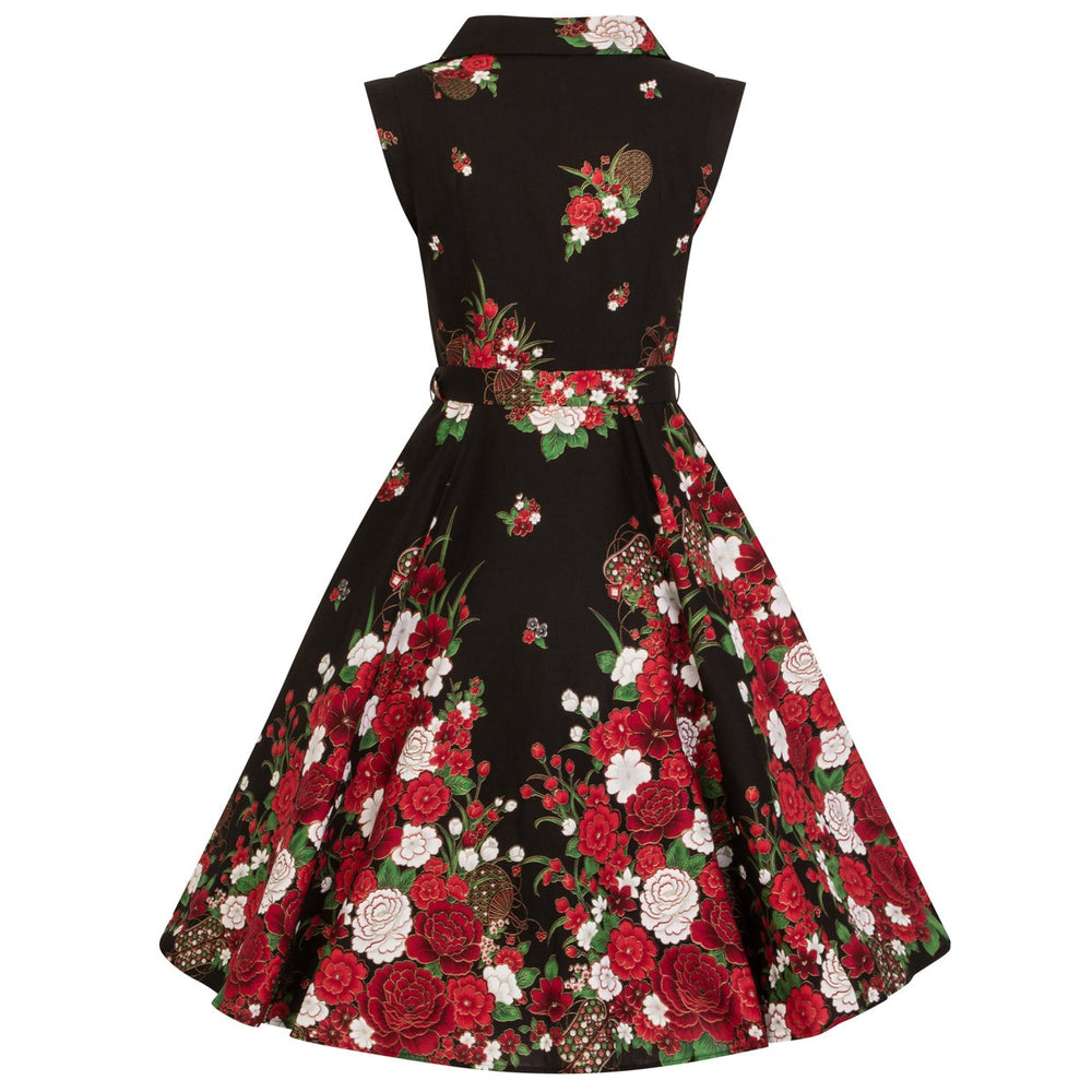 Black Floral Print Sleeveless Front Button Collared 50s Swing Dress - Pretty Kitty Fashion