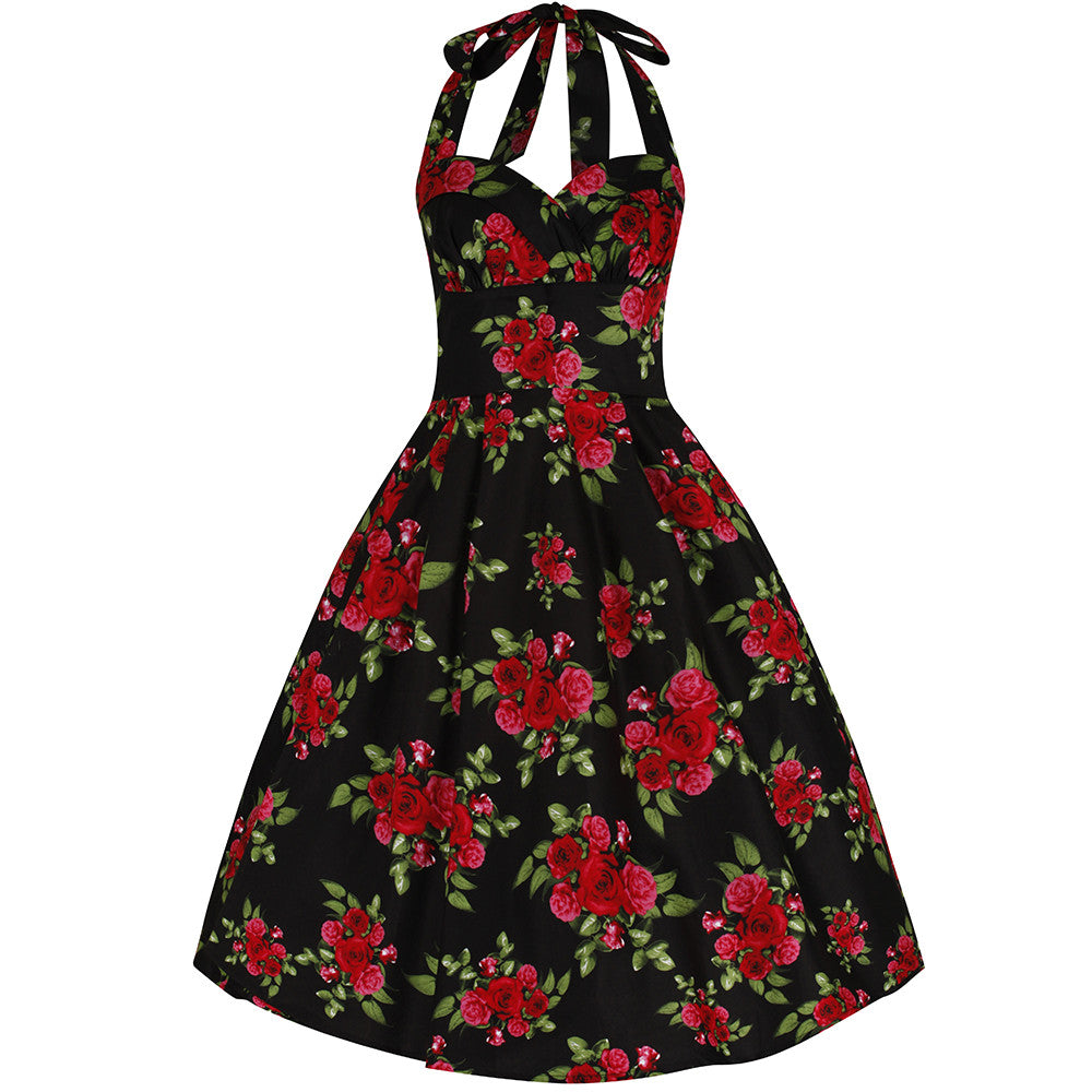 Black and Red Roses Halterneck Rockabilly Dress - Pretty Kitty Fashion