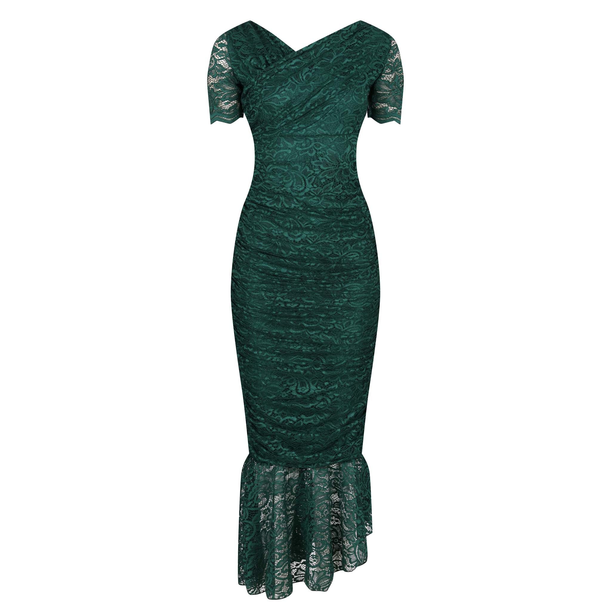 Emerald Green Ruched Lace Maxi Dress – Pretty Kitty Fashion