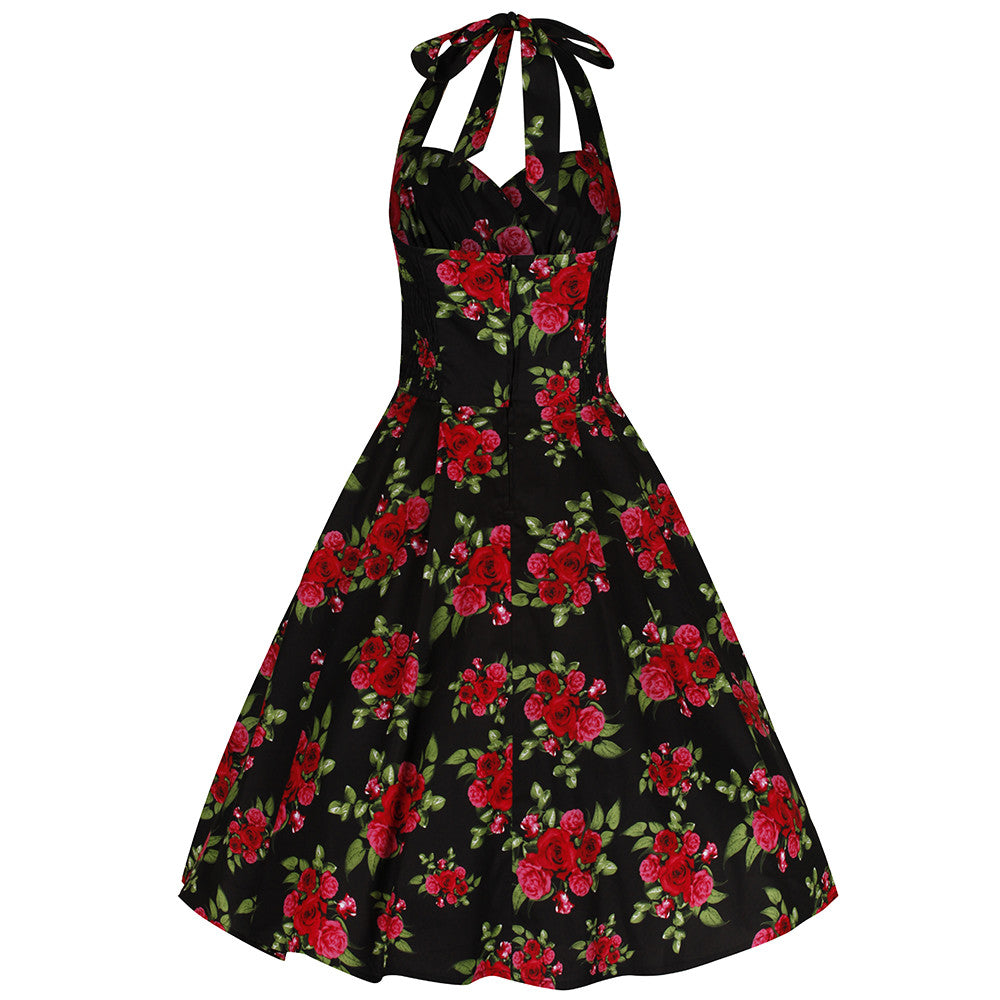 Black and Red Roses Halterneck Rockabilly Dress - Pretty Kitty Fashion
