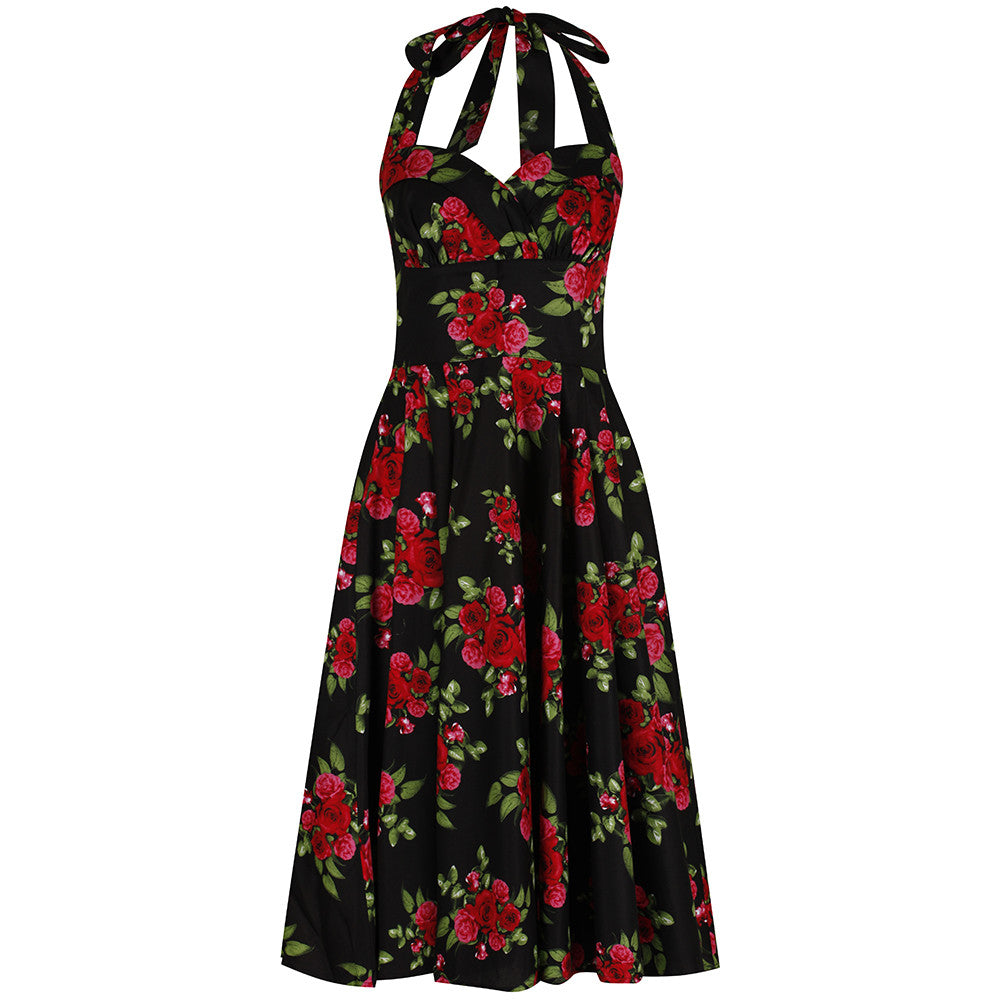 Black and Red Roses Halterneck Rockabilly Dress - Pretty Kitty Fashion