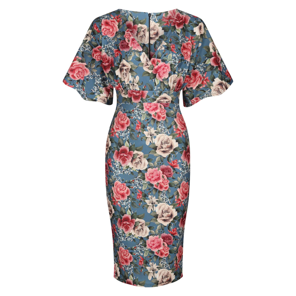 Blue and Rose Print Half Batwing Sleeve Crossover Top Pencil Dress