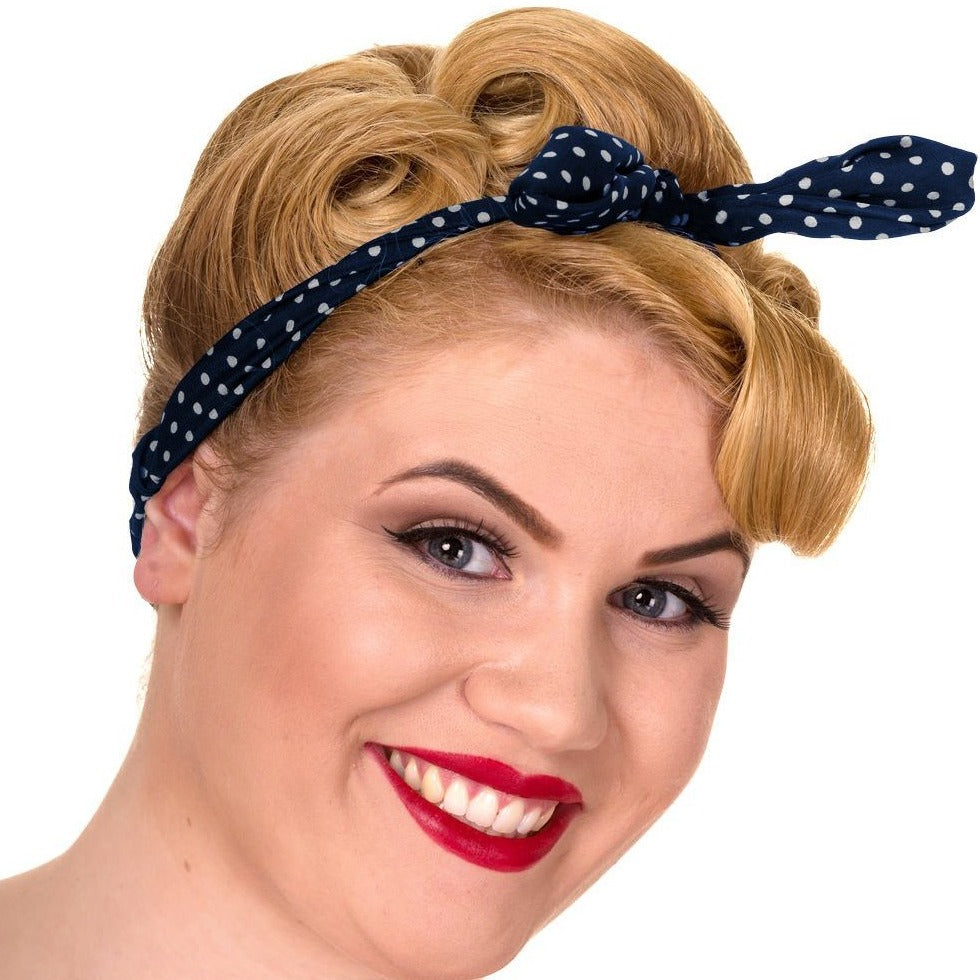 Navy And White Polka Dot Print Vintage Headscarf - Pretty Kitty Fashion
