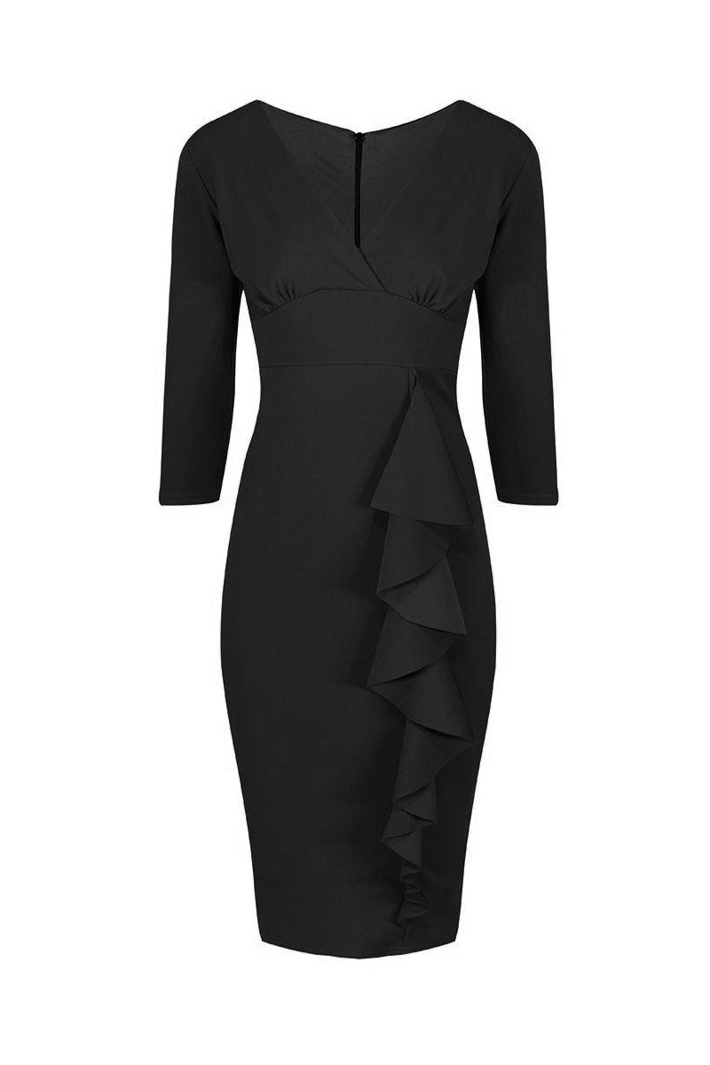 Black 3/4 Sleeve Empire Waist Waterfall Ruffle Wiggle Pencil Dress - Pretty Kitty Fashion