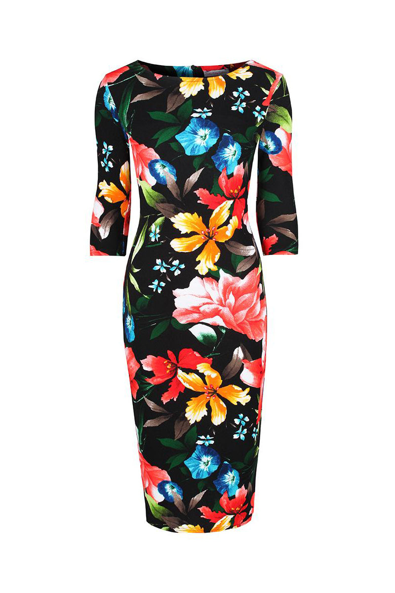 Black Floral Print 3/4 Sleeve Bodycon Pencil Wiggle Dress - Pretty Kitty Fashion