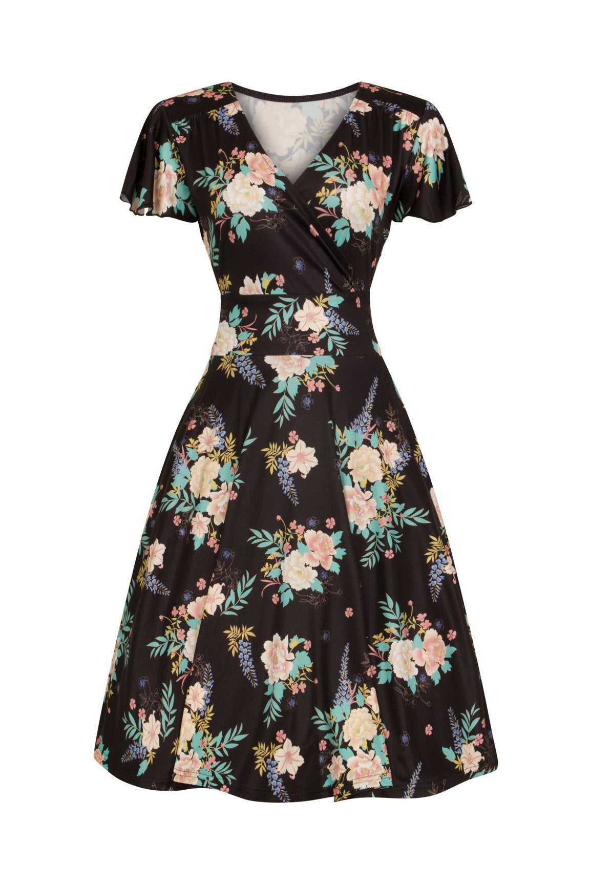 Black Floral Print Cap Sleeve Wrap Top Empire Waist Swing Dress - Pretty Kitty Fashion