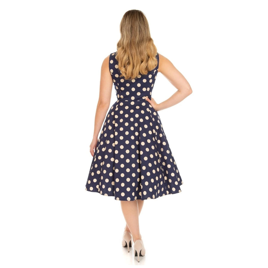 Blue & Cream Polka Dot Audrey Style Rockabilly 50s Swing Dress - Pretty Kitty Fashion