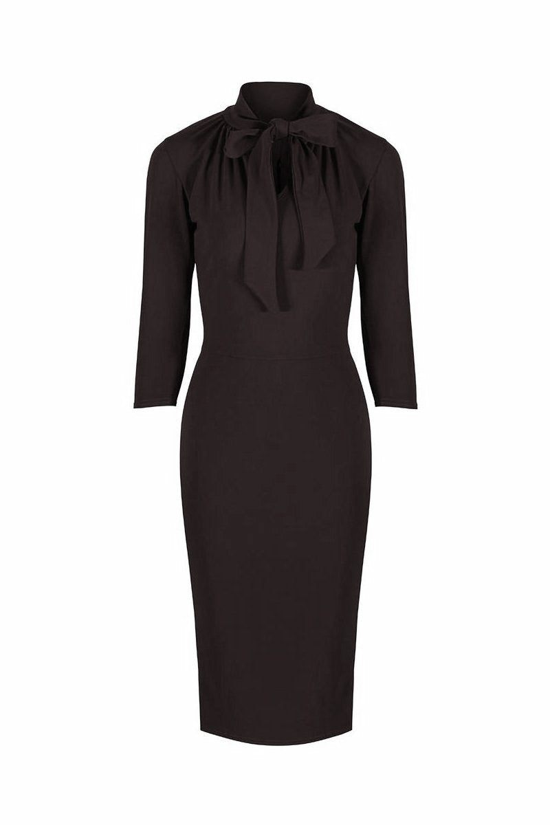 Black 3/4 Sleeve Tie Neck Bodycon Pencil Dress - Pretty Kitty Fashion