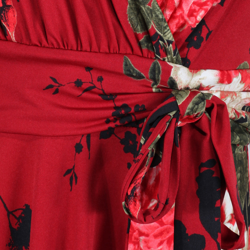 Red Floral Print V Neck Crossover Wrap Top Empire Waist Swing Dress - Pretty Kitty Fashion