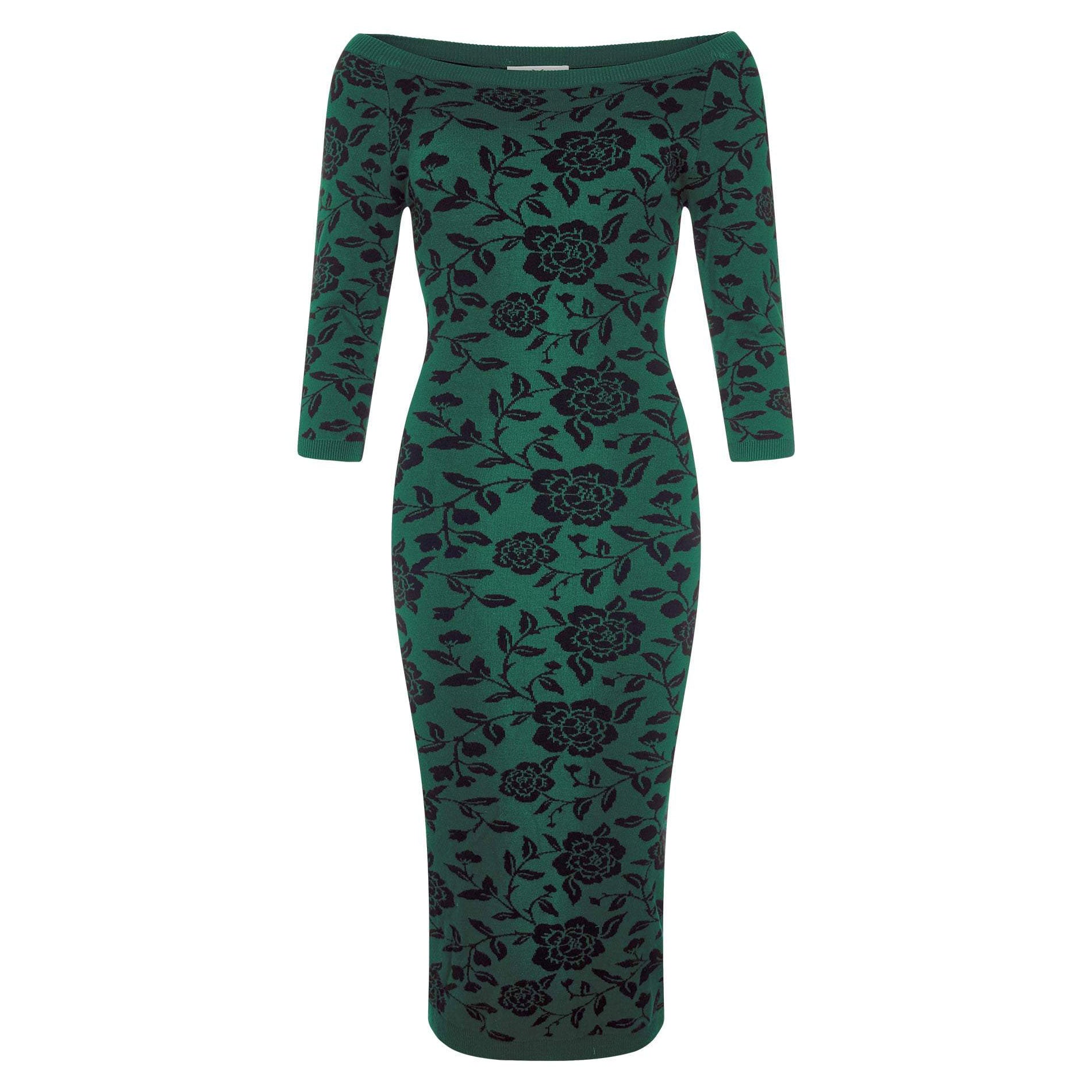 Collectif Green 3 4 Sleeve Brocade Knitted Pencil Wiggle Dress