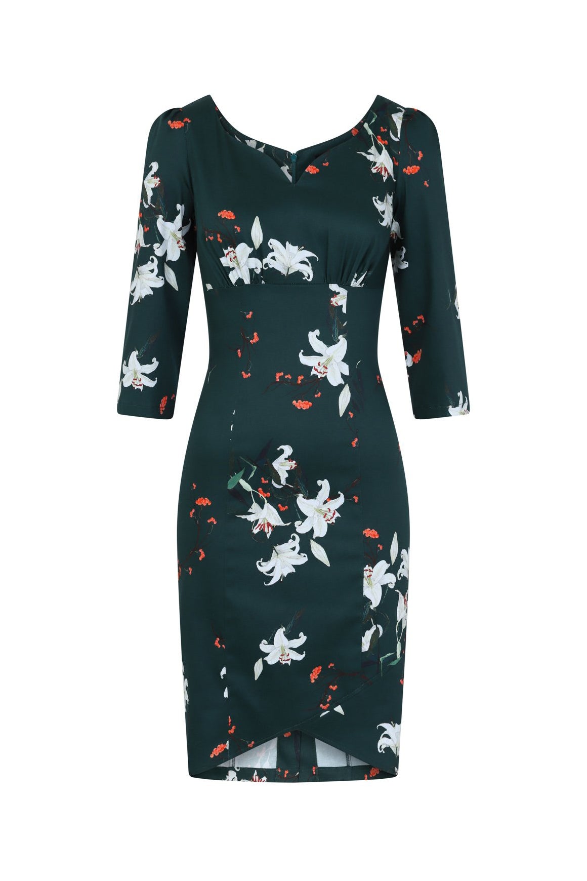 Dark Green Floral Print 3/4 Sleeve Empire Waist Pencil Wiggle Dress - Pretty Kitty Fashion