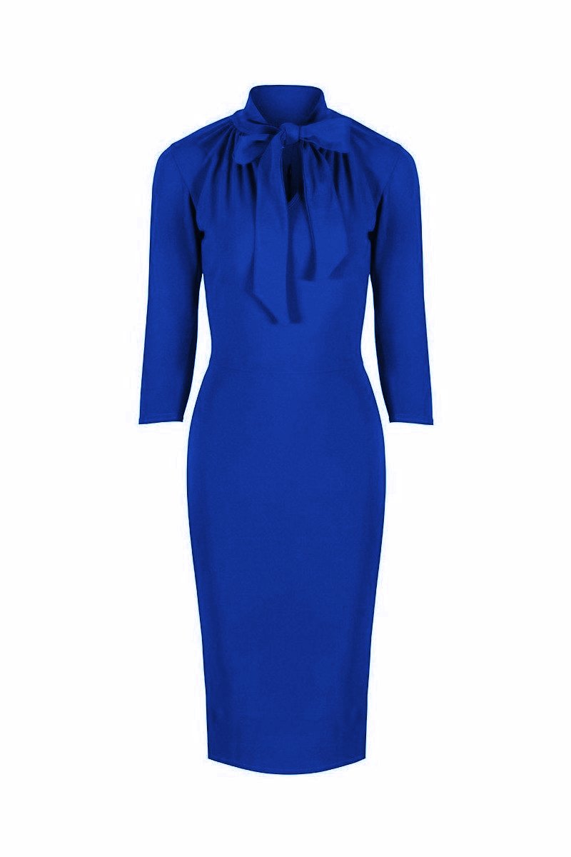 Royal Blue 3/4 Sleeve Tie Neck Bodycon Pencil Dress - Pretty Kitty Fashion