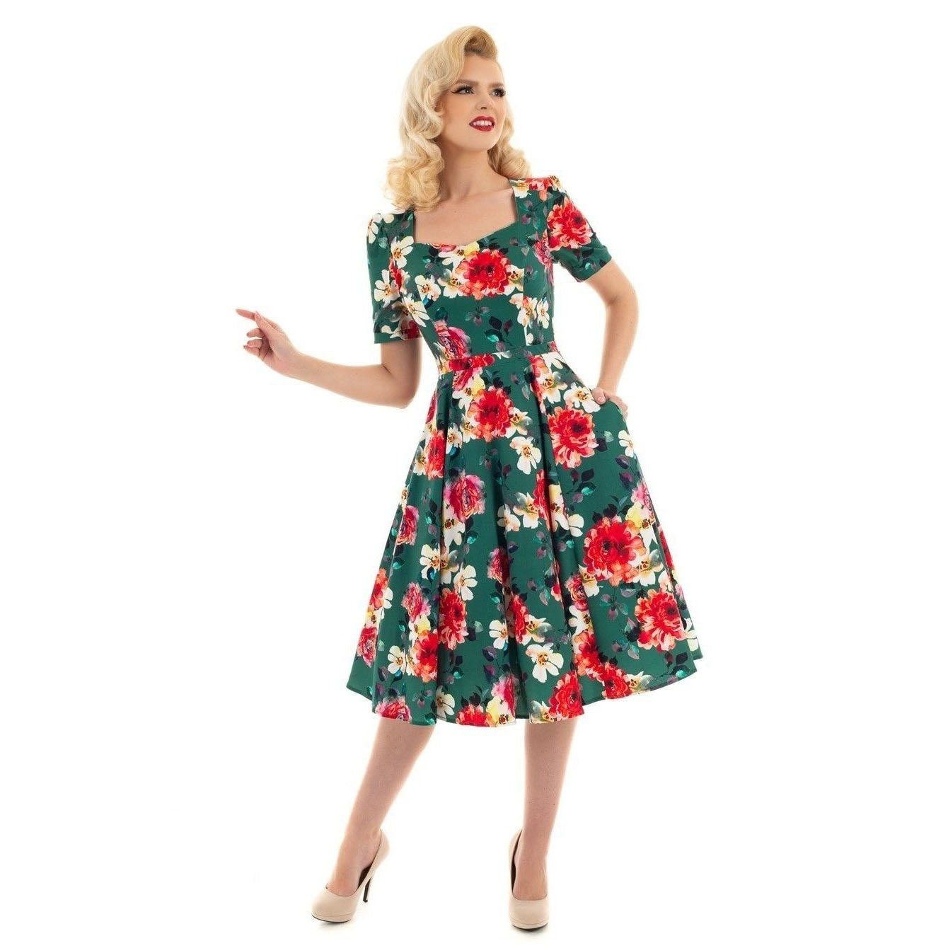 Green Floral Print 1/2 Sleeve Pin Up Rockabilly 50s Swing Dress Pretty Kitty Fashion Green Floral Print 1/2 Sleeve Pin Up Rockabilly 50s Swing Dress Pretty Kitty Fashion