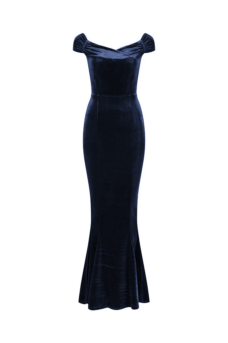 Green Cap Sleeve Crossover Bust Fishtail Hem Velour Maxi Dress - Pretty Kitty Fashion