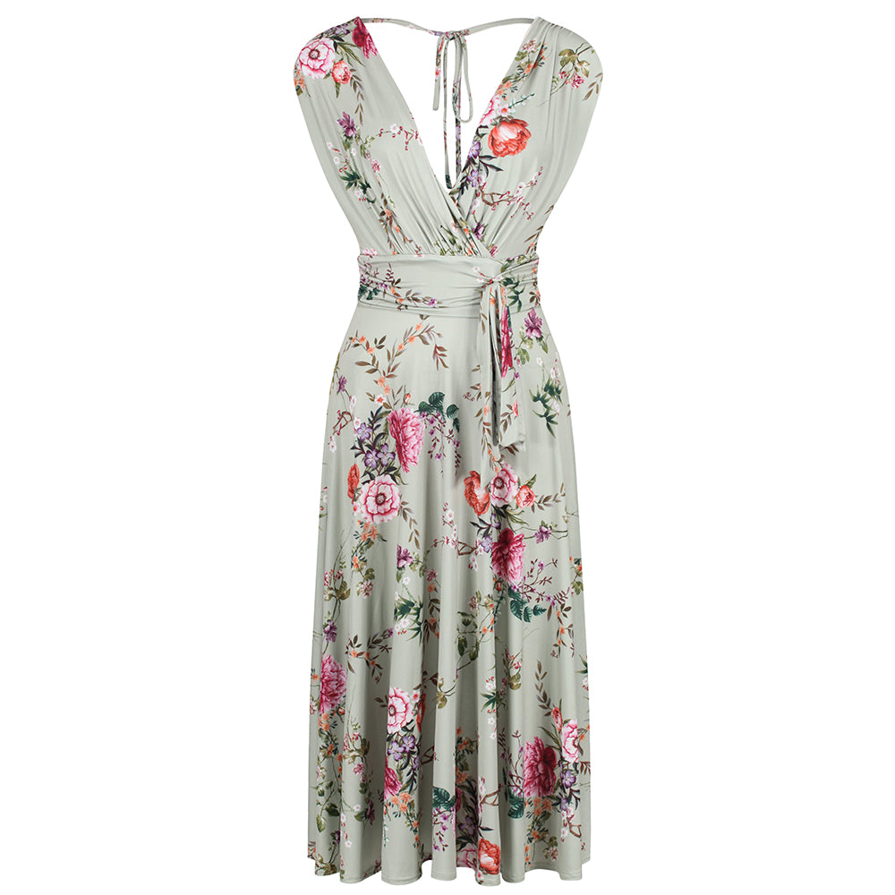 Sage Green Floral V Neck Crossover Top Empire Waist Swing Dress - Pretty Kitty Fashion