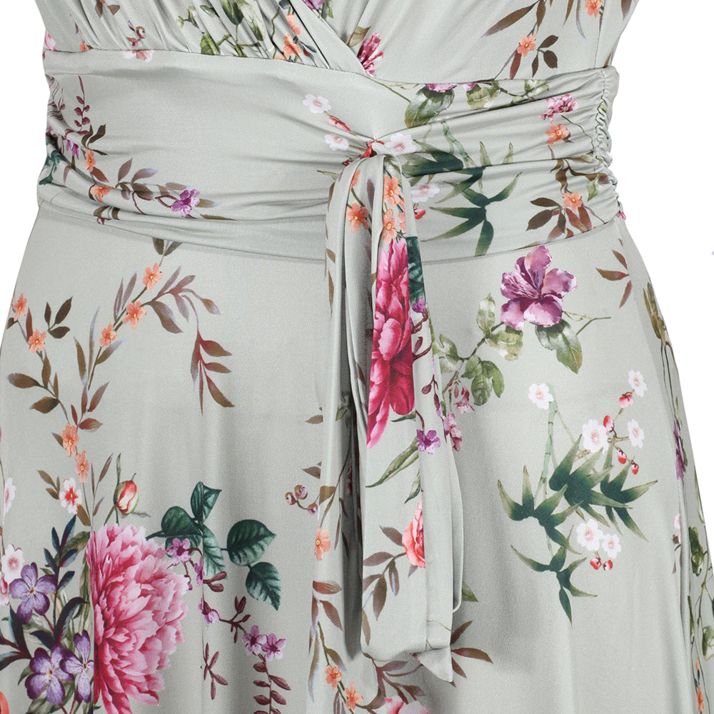 Sage Green Floral V Neck Crossover Top Empire Waist Swing Dress - Pretty Kitty Fashion