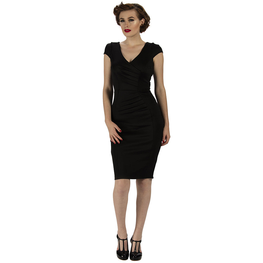 Black Capped Sleeve Bodycon Pencil Wiggle Dress - Pretty Kitty Fashion