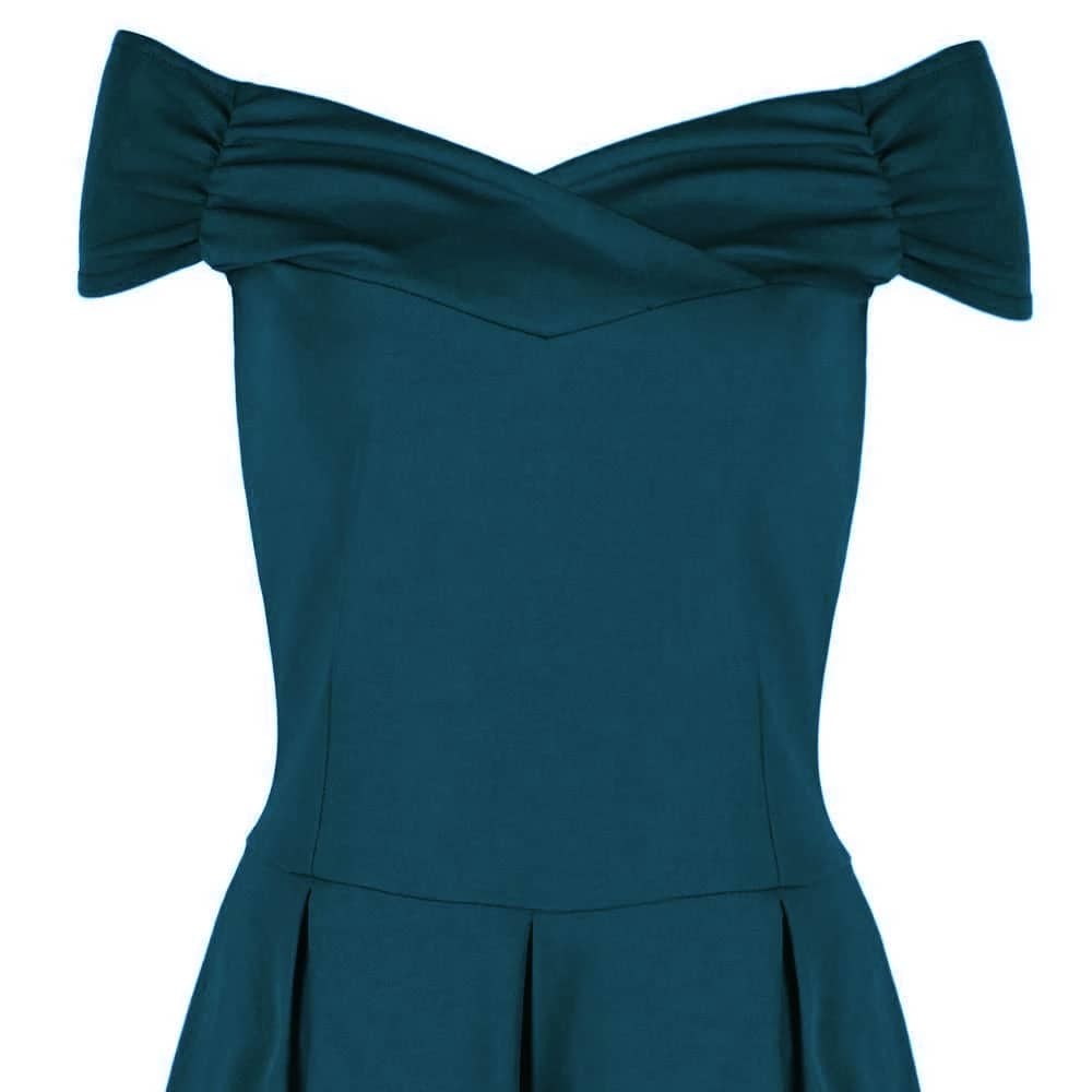 Emerald Green Crossover Bardot 50s Swing Dress - Pretty Kitty Fashion