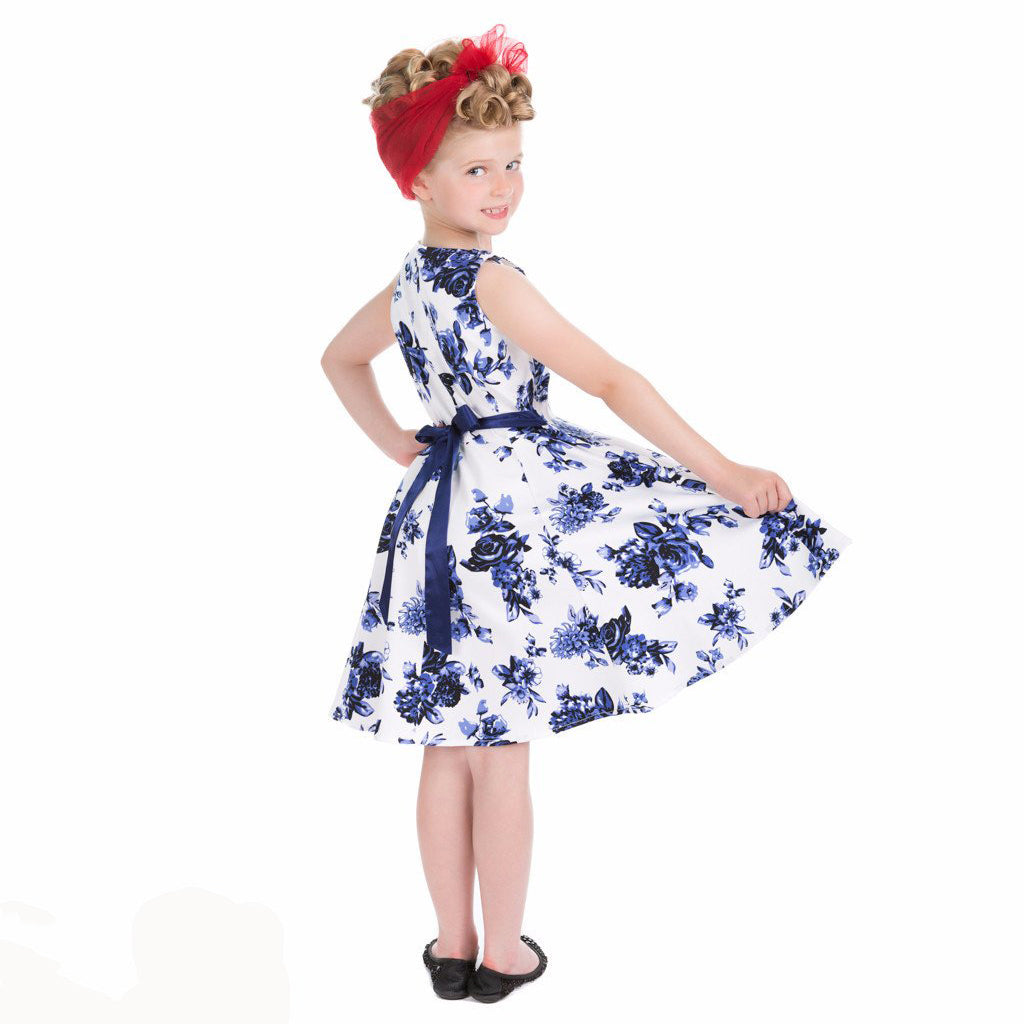 Little Kitty Girl's White and Blue Floral Party Dress - Pretty Kitty Fashion