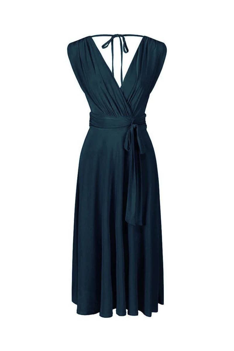 Navy Blue Crossover Top V Neck Tie Waist Cocktail Dress - Pretty Kitty Fashion