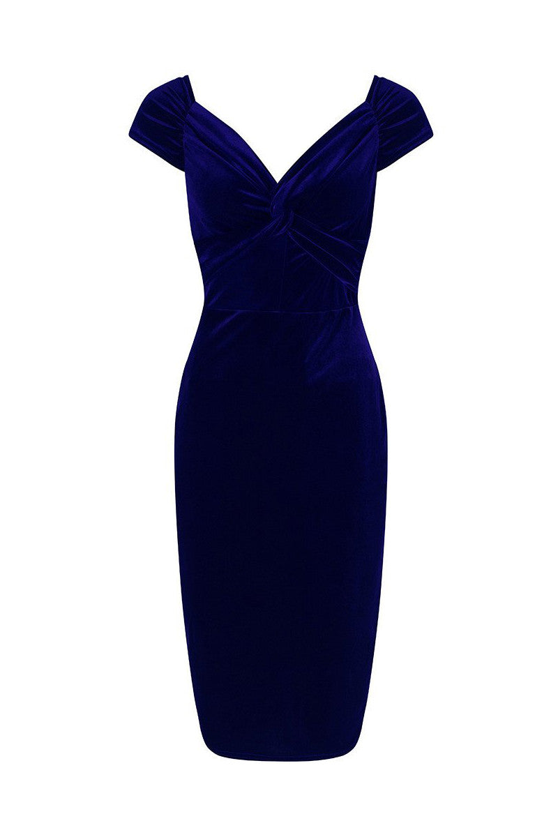 Navy Blue Vintage 40s Style Velour Crossover Bust Wiggle Dress - Pretty Kitty Fashion