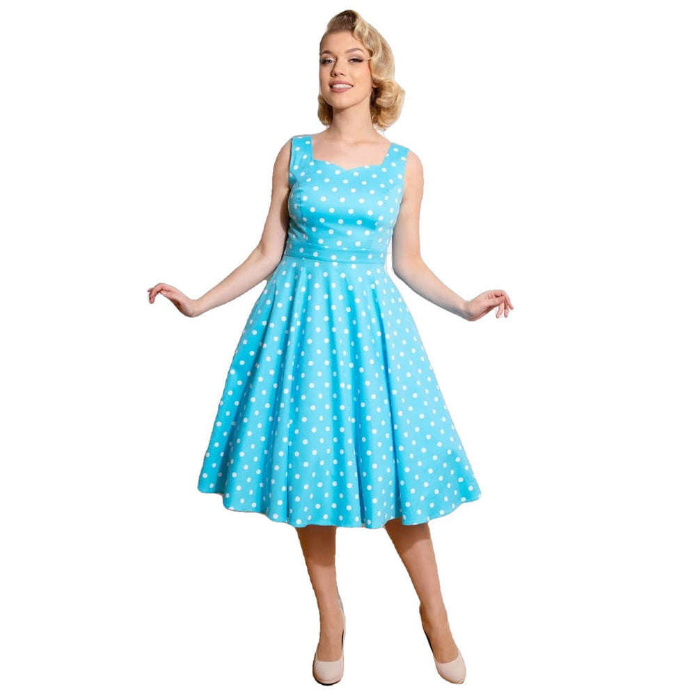 Pretty Blue Turquoise White Polka Dot Sleeveless Rockabilly 50s Swing Dress