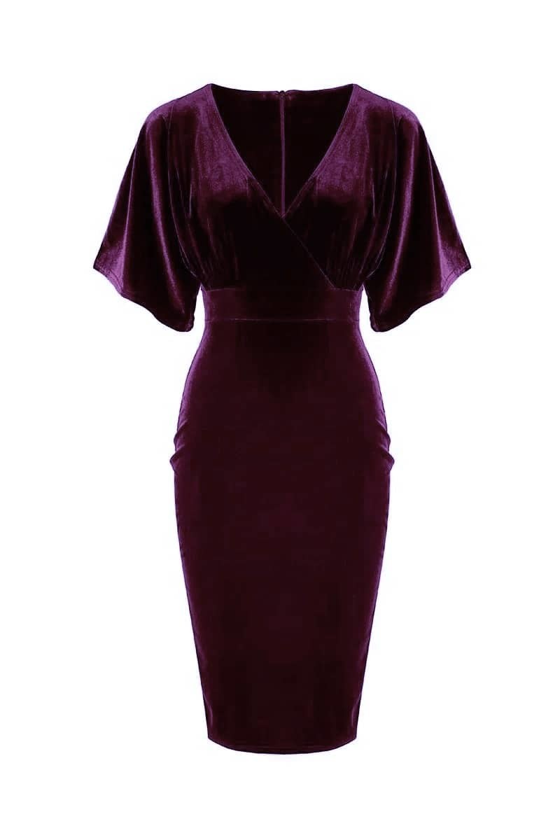 Wine Red Velour Half Batwing Sleeve Crossover Top Wiggle Dress - Pretty Kitty Fashion