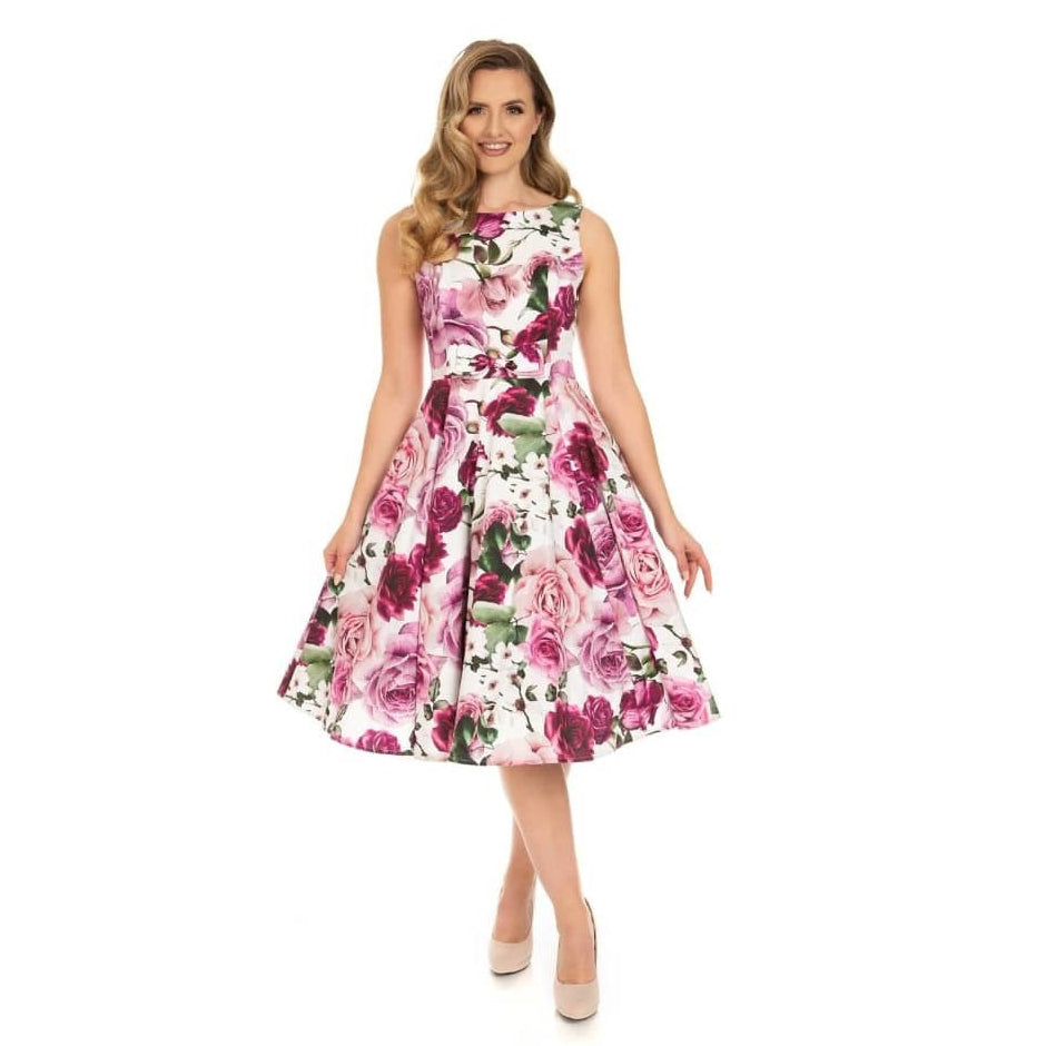 White and Pink Vintage Floral 50s Summer Swing Dress – Pretty