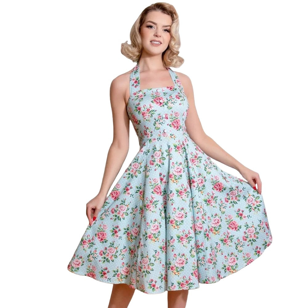 Blue Floral Print Polka Dot Halter Neck 50s Swing Dress – Pretty