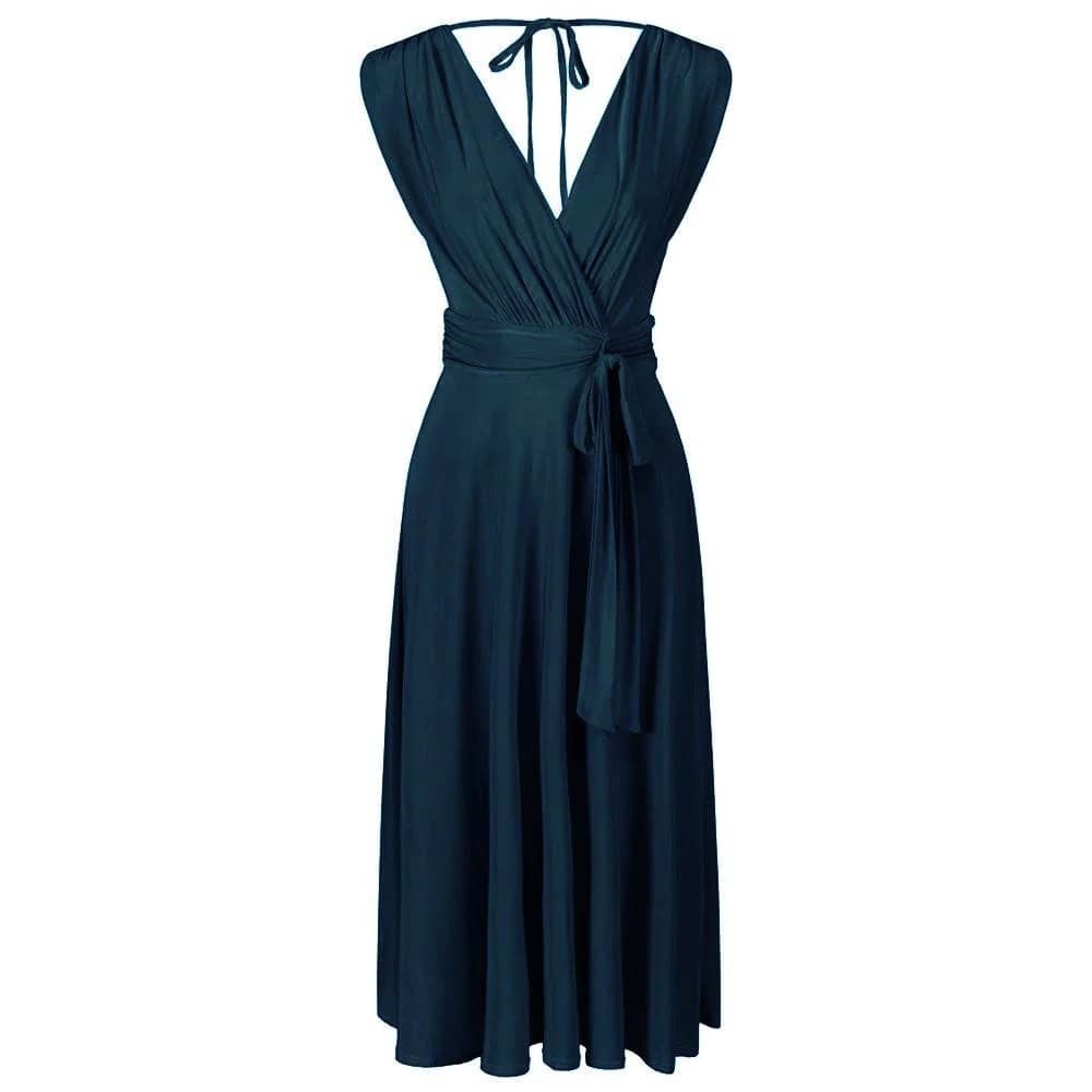 Navy Blue Crossover Top V Neck Tie Waist Cocktail Dress - Pretty Kitty Fashion