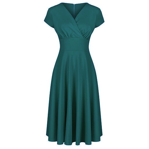 Emerald Green A Line Vintage Crossover Capped Sleeve Tea Swing Dress - Pretty Kitty Fashion