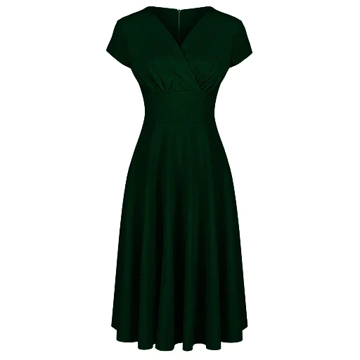 Emerald Green A Line Vintage Crossover Capped Sleeve Tea Swing Dress - Pretty Kitty Fashion
