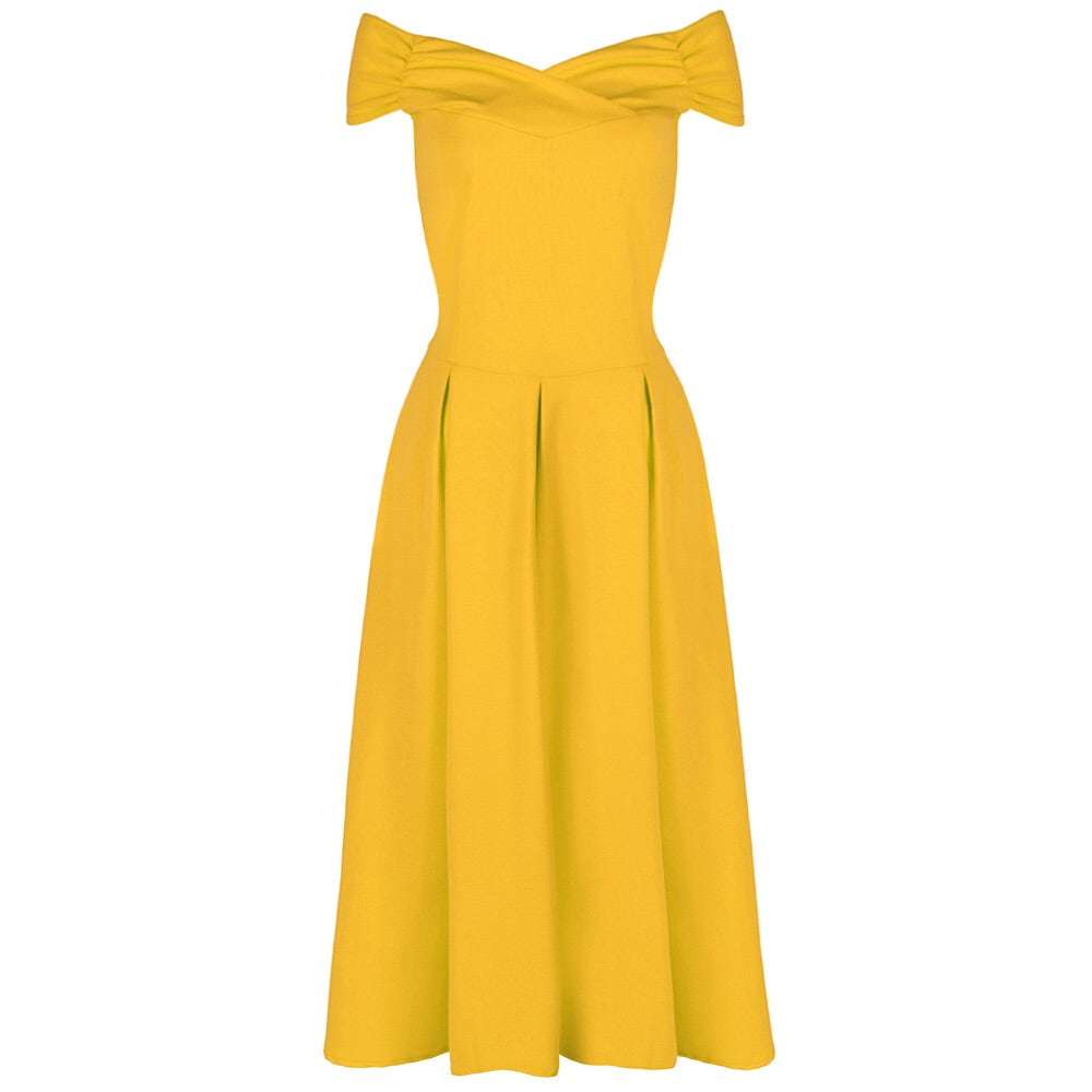 Yellow Cap Sleeve Crossover Top 50s Swing Bardot Dress - Pretty Kitty Fashion