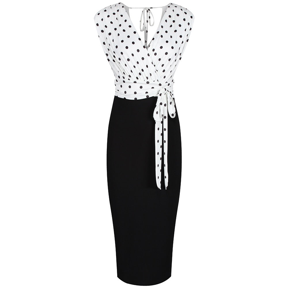 Ivory And Black Polka Dot Wrap Effect Bodycon Midi Dress - Pretty Kitty Fashion