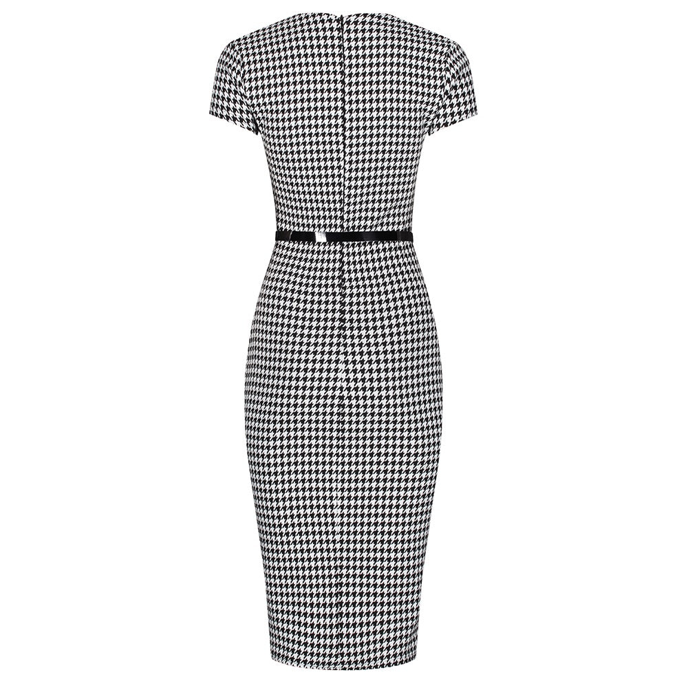 Black And White Dogtooth Check Bodycon Pencil Dress - Pretty Kitty Fashion