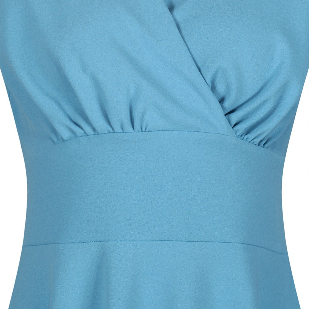 Pretty Blue Vintage A Line Crossover Capped Sleeve Tea Swing Dress - Pretty Kitty Fashion