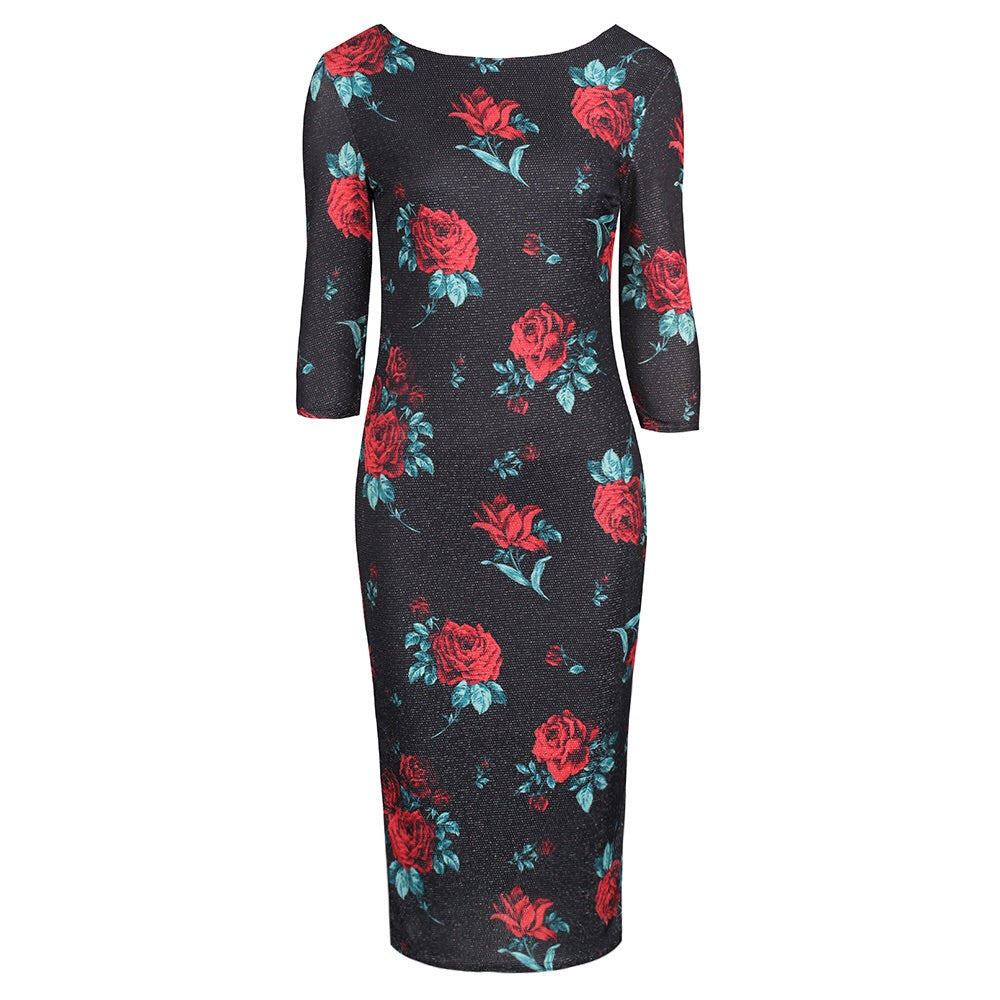 Black and Red Rose Print 1940s Sparkle Bodycon Pencil Wiggle Party Dress - Pretty Kitty Fashion