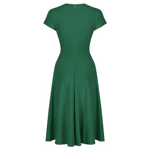 Emerald Green A Line Vintage Crossover Capped Sleeve Tea Swing Dress - Pretty Kitty Fashion