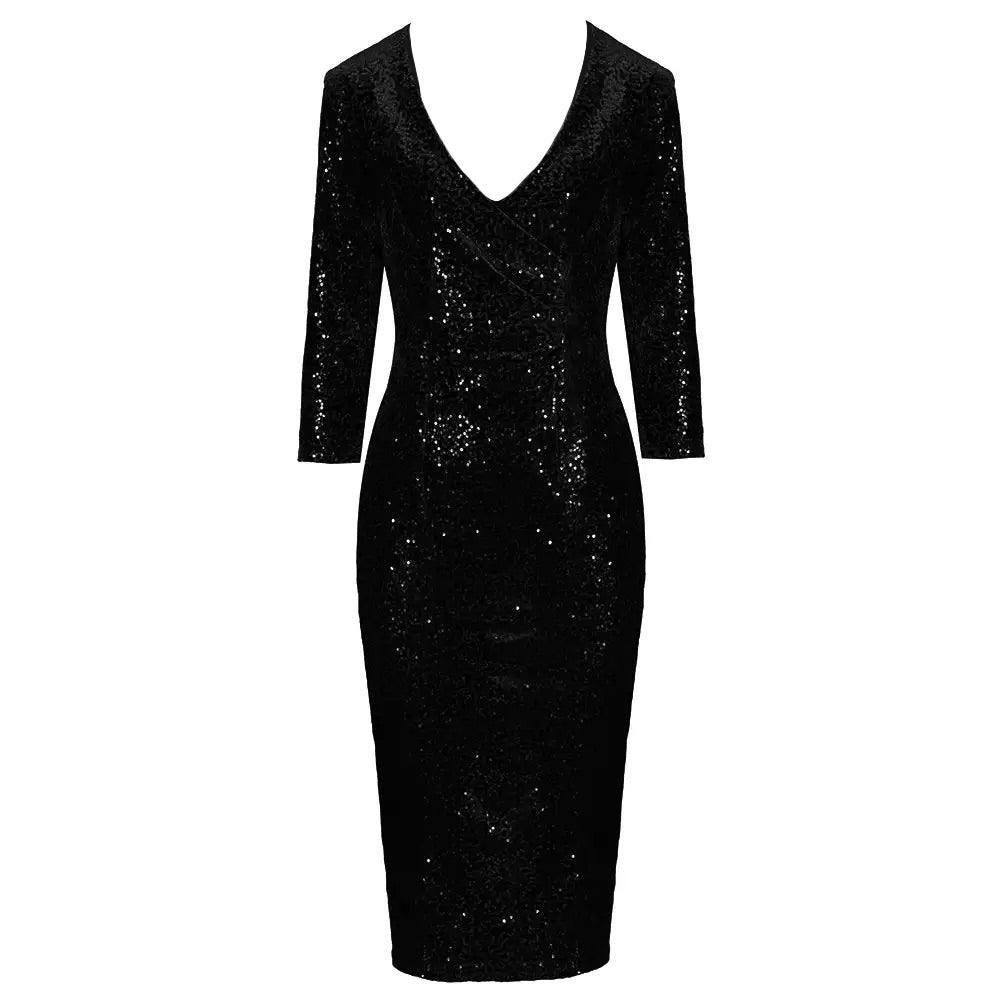 Black 3/4 Sleeve V Neck Velour Sequin Pencil Wiggle Dress – Pretty Kitty  Fashion