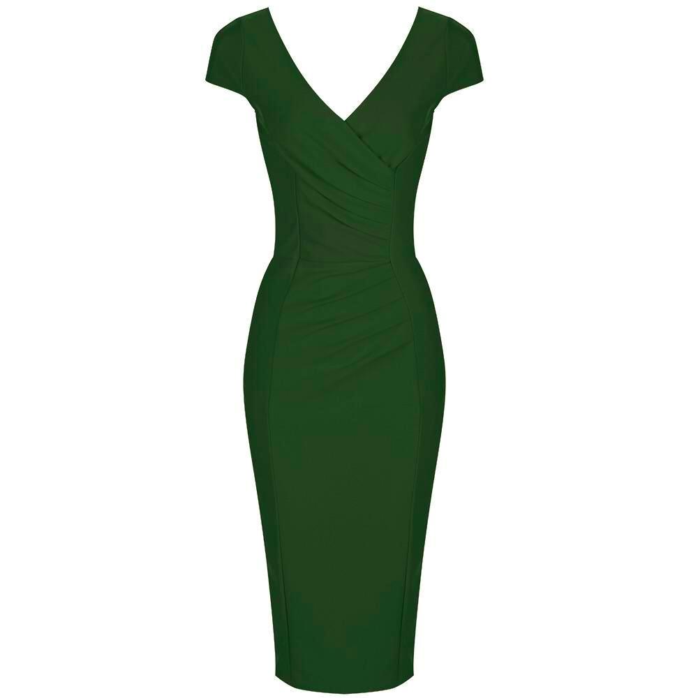 Emerald Green Cap Sleeve Crossover Top Bodycon Wiggle Pencil Dress - Pretty Kitty Fashion