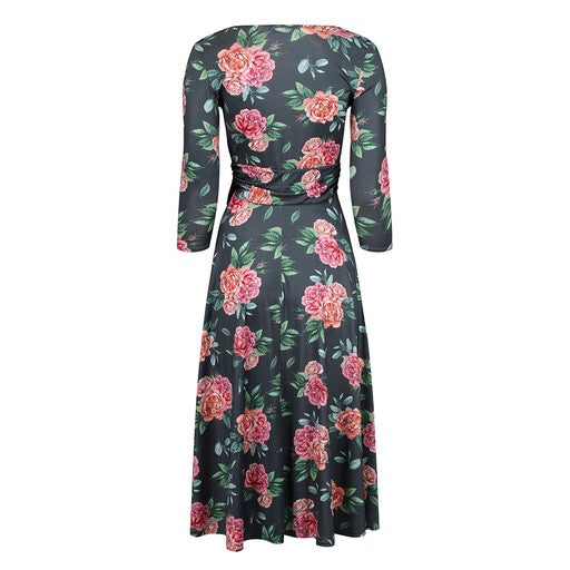Forest Green Pink Floral Print 3/4 Sleeve Crossover Top Vintage Swing Dress