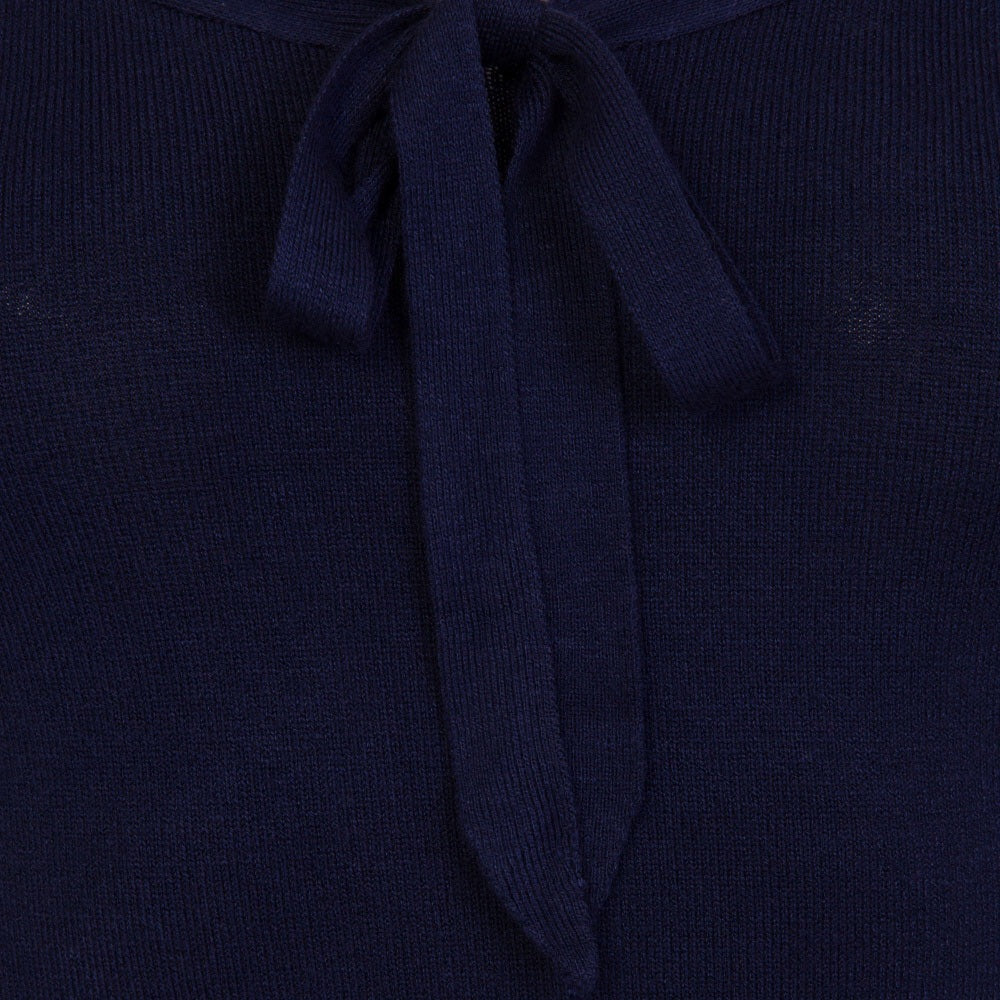 3/4 Sleeve Midnight Blue Stretch Bardot Bow Top Jumper - Pretty Kitty Fashion