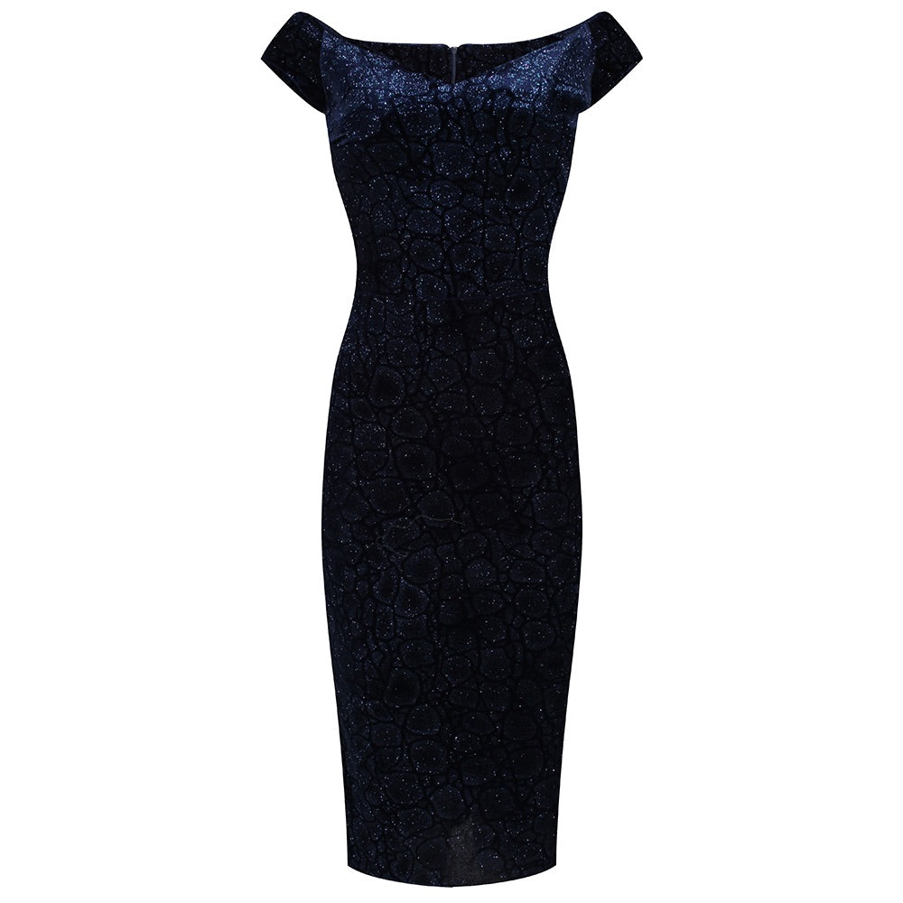 Navy Blue Vintage Animal Print Velvet Capped Sleeve Wiggle Dress - Pretty Kitty Fashion