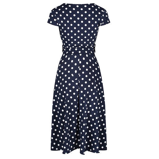 Navy Blue Polka Dot Cap Sleeve Fit And Flare Midi Dress - Pretty Kitty Fashion