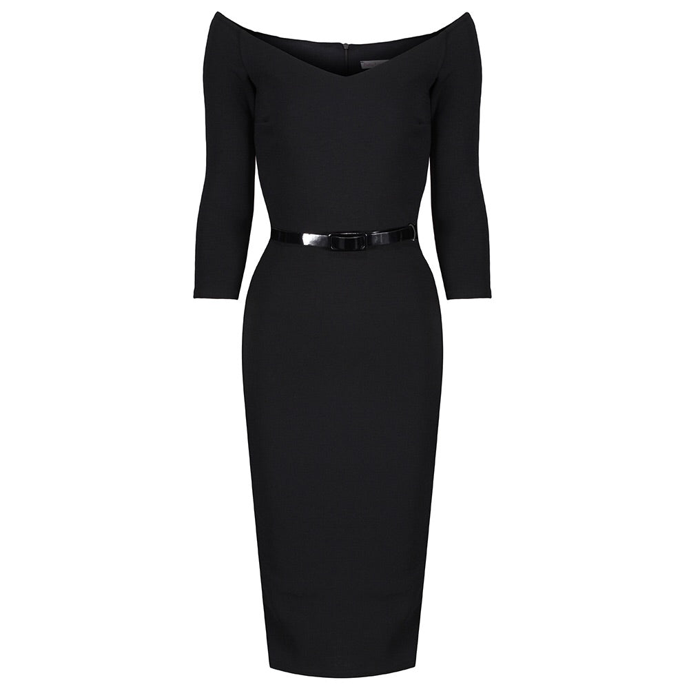 Black Vintage Belted 3/4 Sleeve Bodycon Wiggle Work Office Pencil Dress - Pretty Kitty Fashion