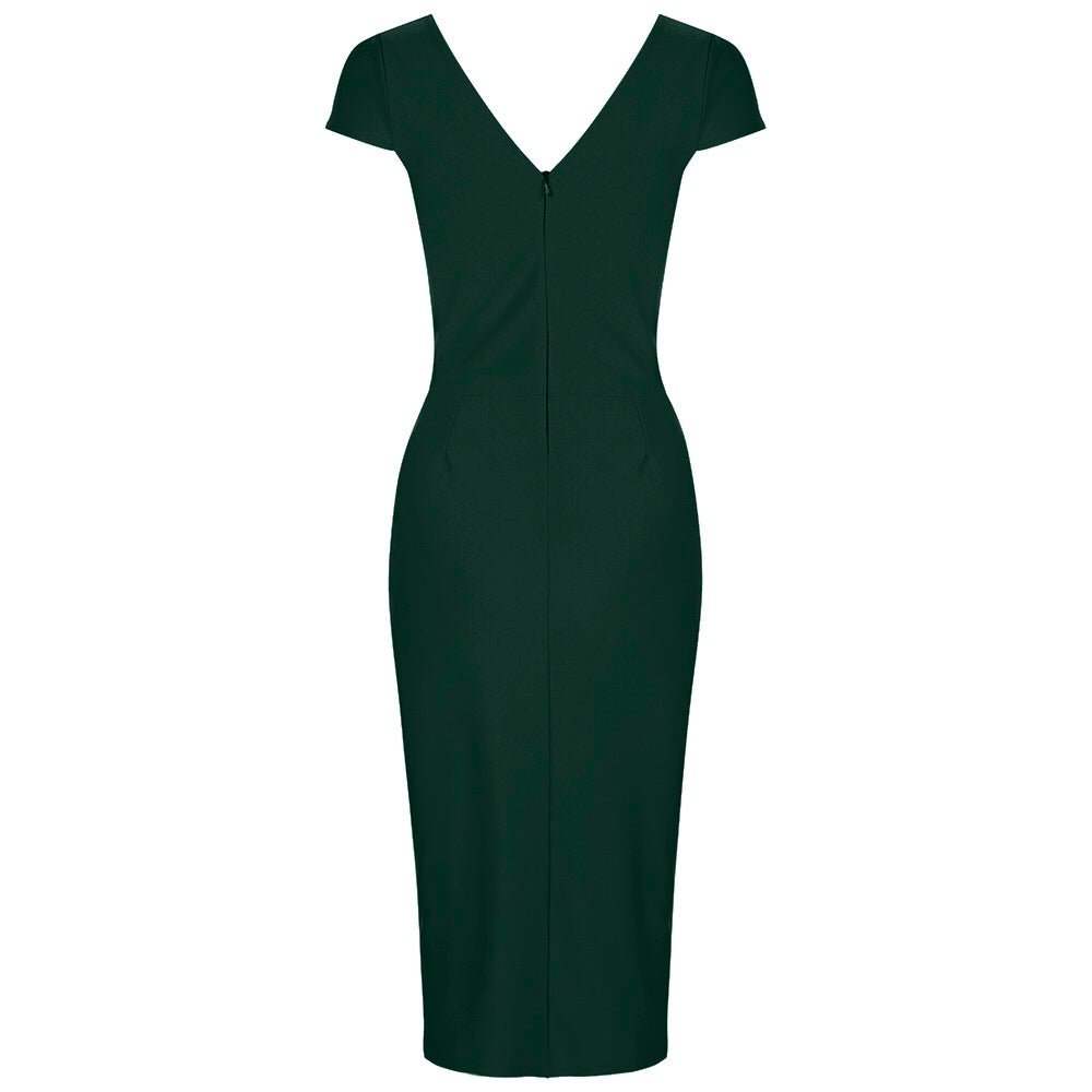 Forest Green Cap Sleeve Crossover Top Bodycon Wiggle Pencil Dress - Pretty Kitty Fashion