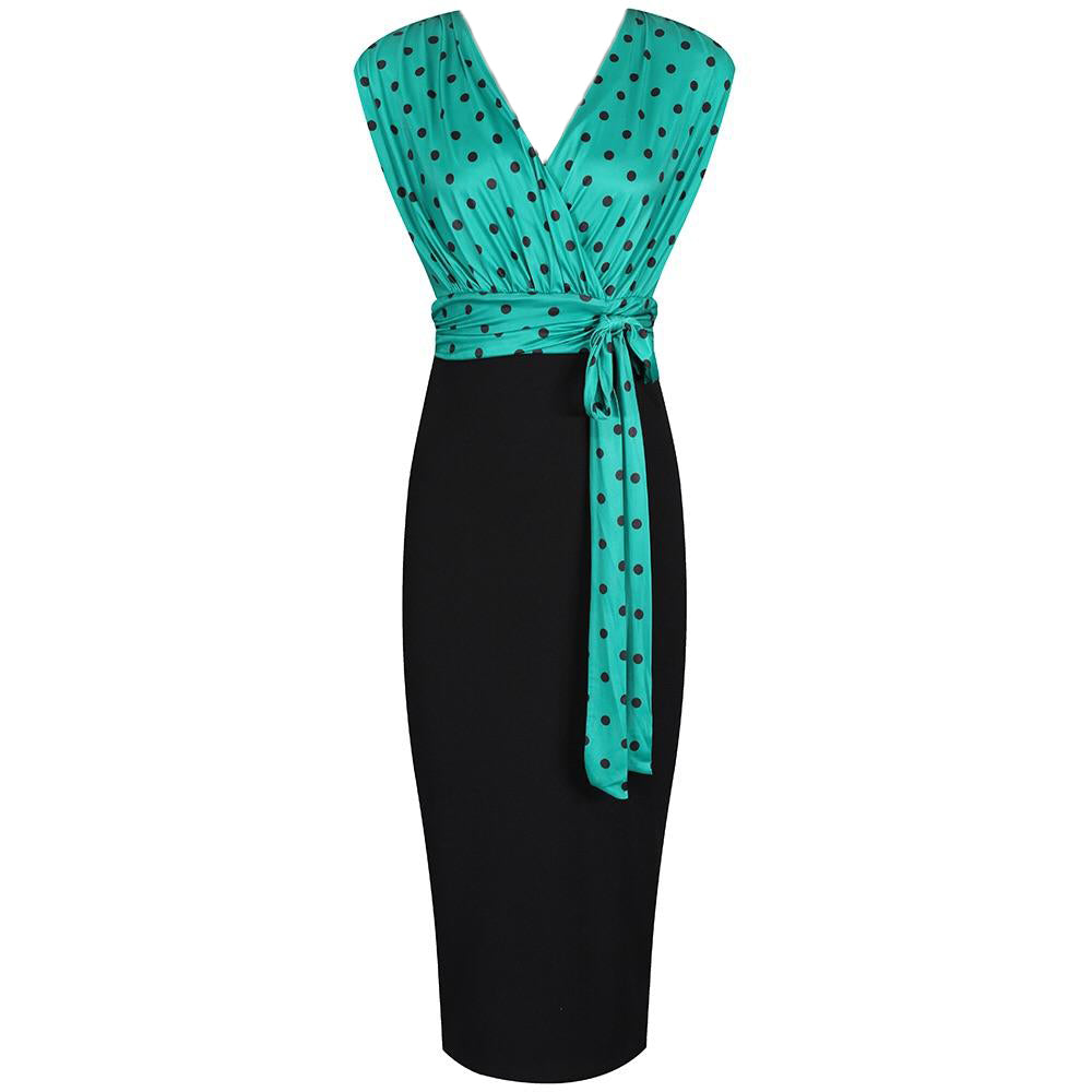 Jade Green And Black Polka Wrap Effect Bodycon Midi Dress - Pretty Kitty Fashion